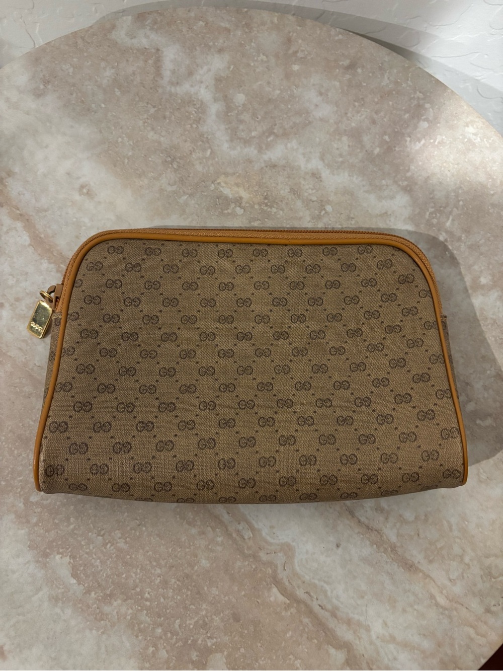 Vintage Gucci Brown Monogram Cosmetic Pouch with Tan Trim